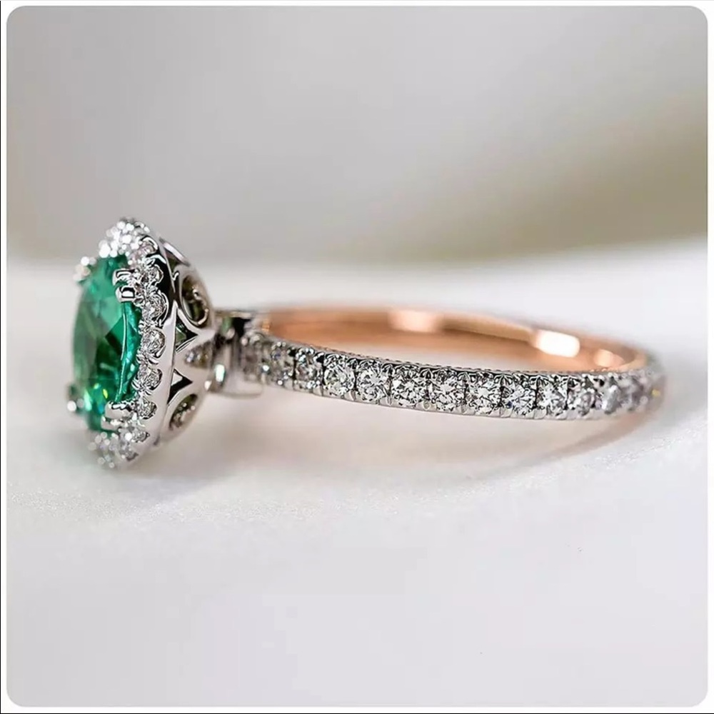 New Two Tone 925 Silver Women Emerald Jewelry Ring - Picture 2 of 4